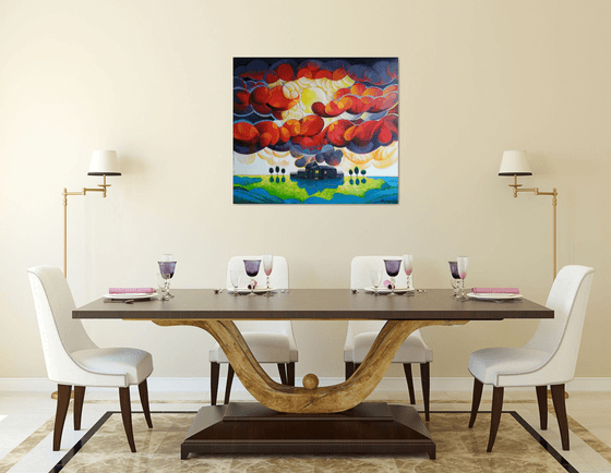 Sunset (80x90cm, cubism, oil painting, ready to hang)
