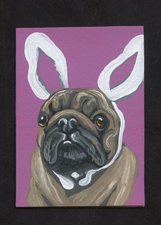 ACEO ATC Original Painting Easter Bunny Pug Dog Art-Carla Smale