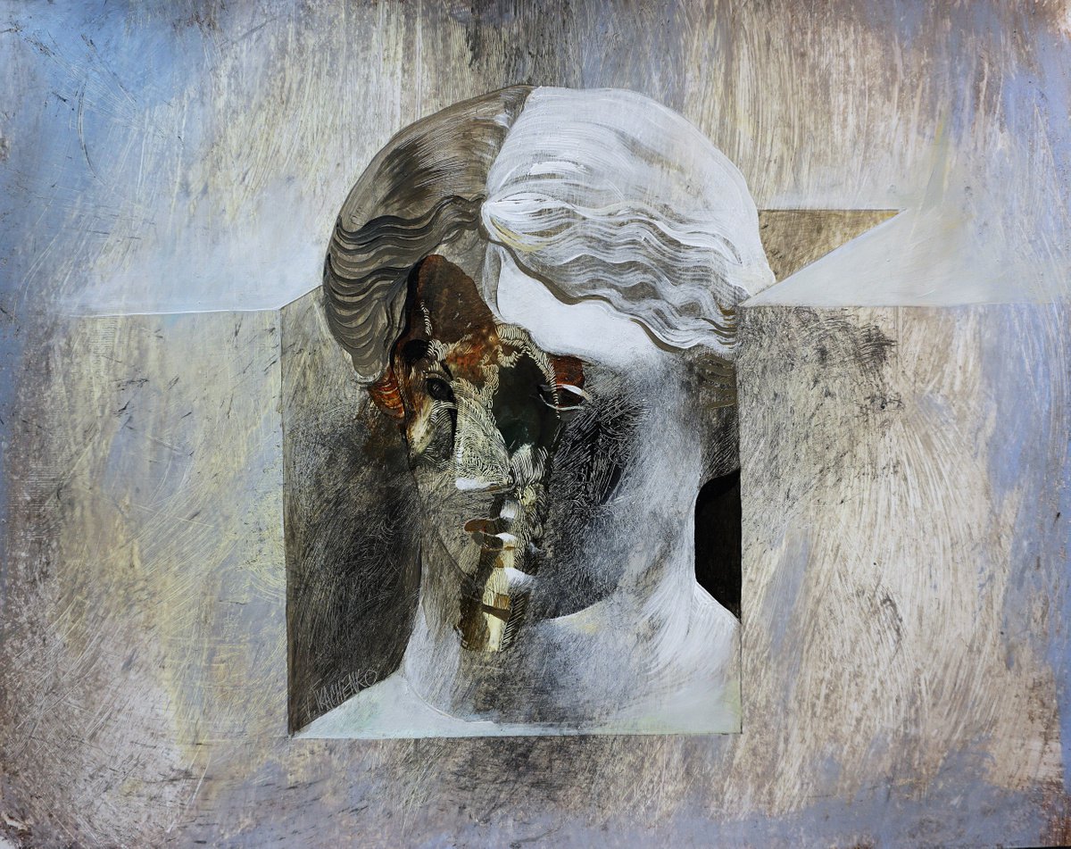 Graphic Portrait Acrylic Painting By Victor Tkachenko, 26 X 22", Venus Hiding, Original Artwork