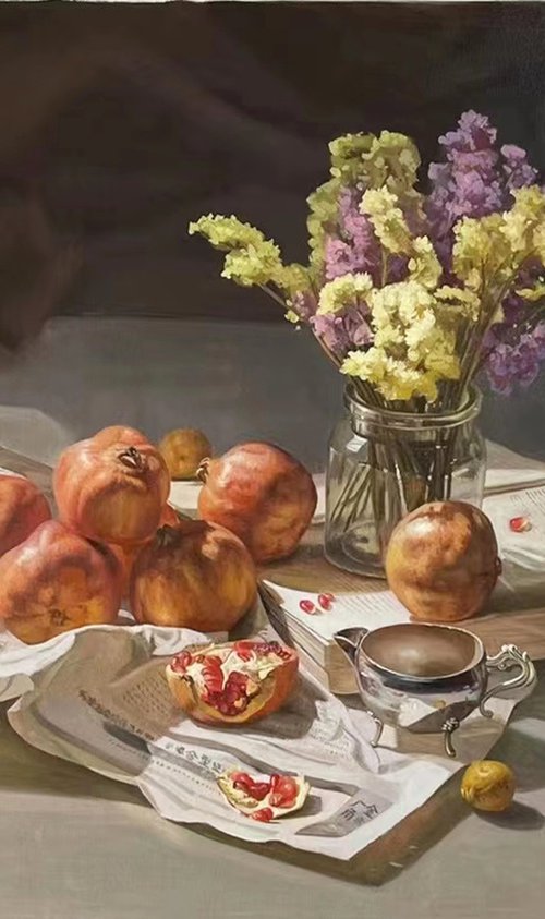 Still life:Pomegranates on the newspaper by Kunlong Wang