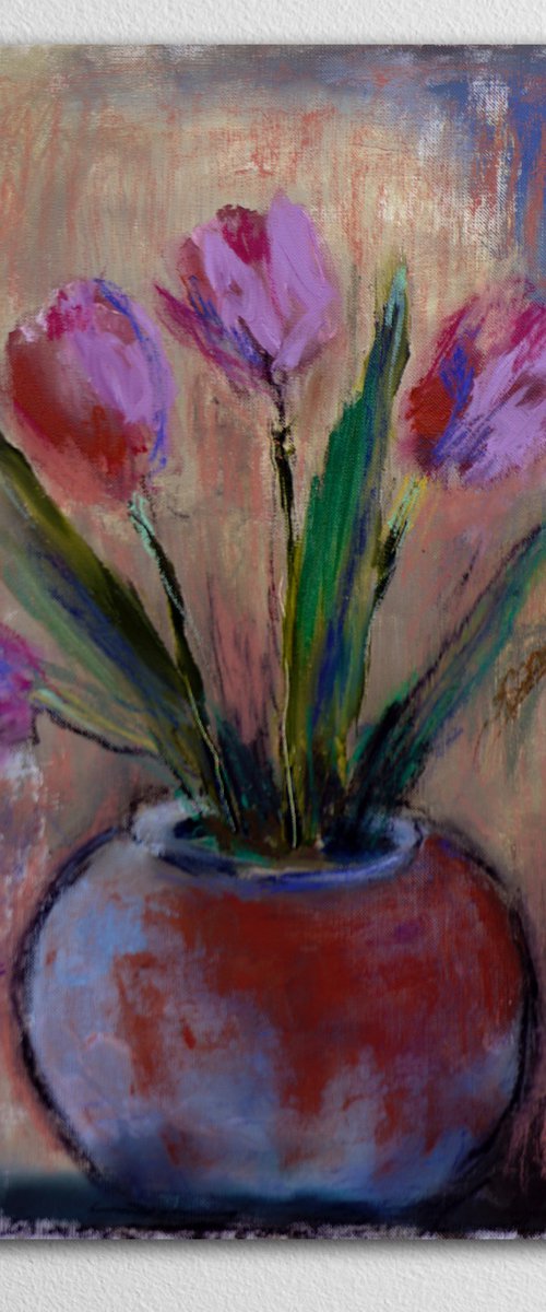 Floral Still Life - Tulips in a Vase -Original Painting on Paper by Anna Lubchik