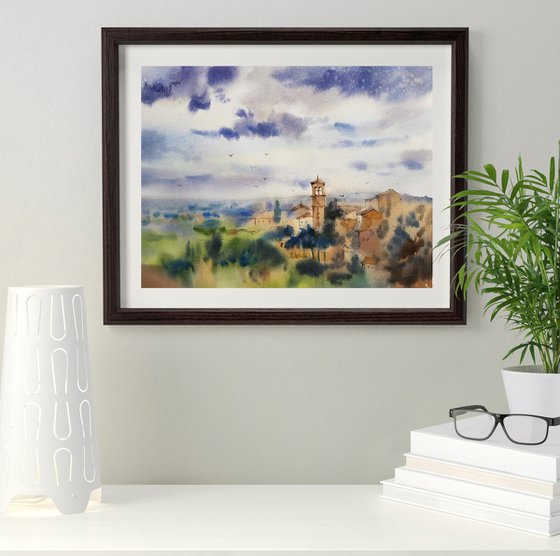 Italian landscape with a view of the bell tower. "Before the rain" Assisi. Italy