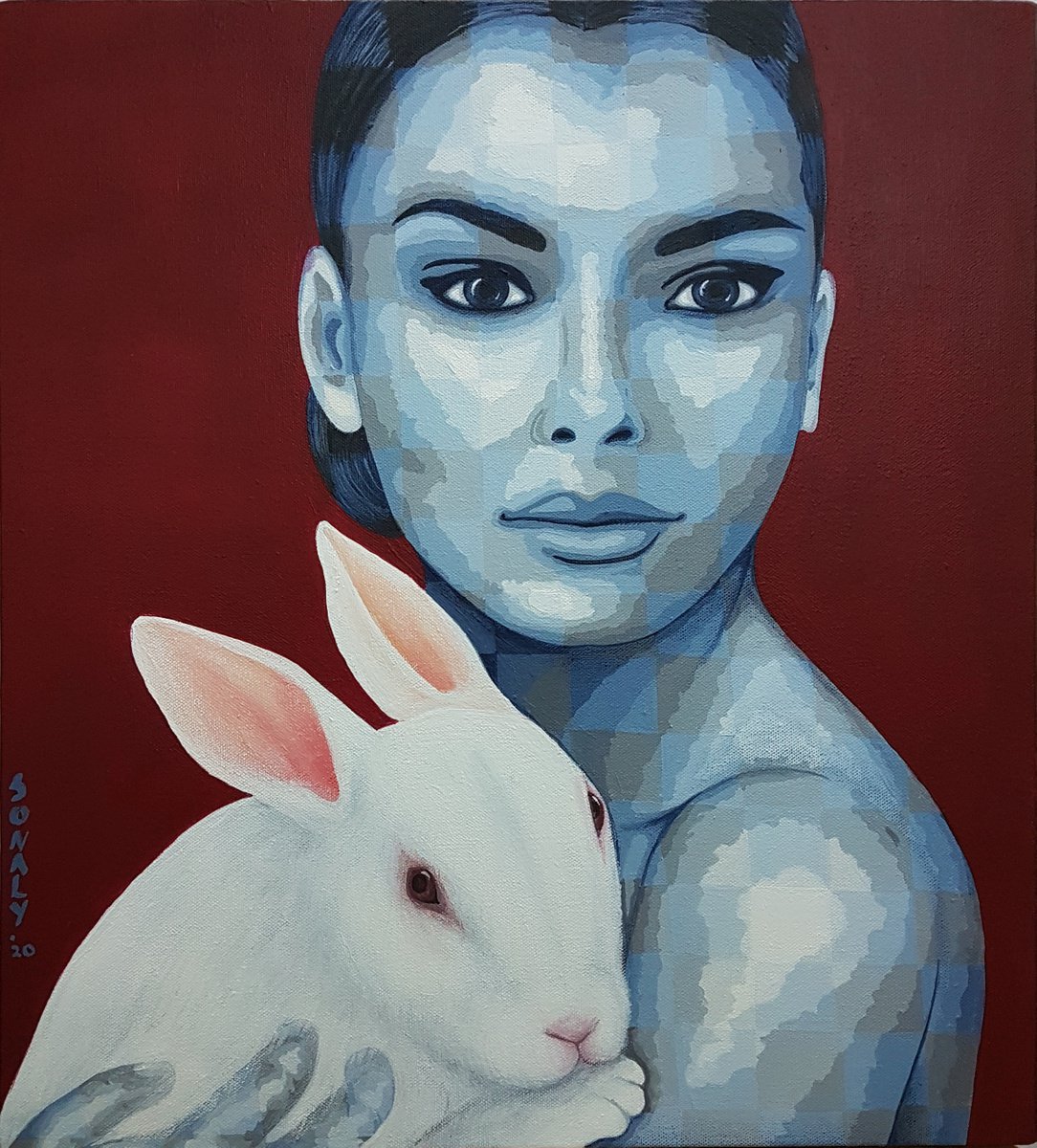 Urban And Pop Portrait Acrylic Painting By Sonaly Gandhi, 18 X 20", Lady And Rabbit, Original Artwork