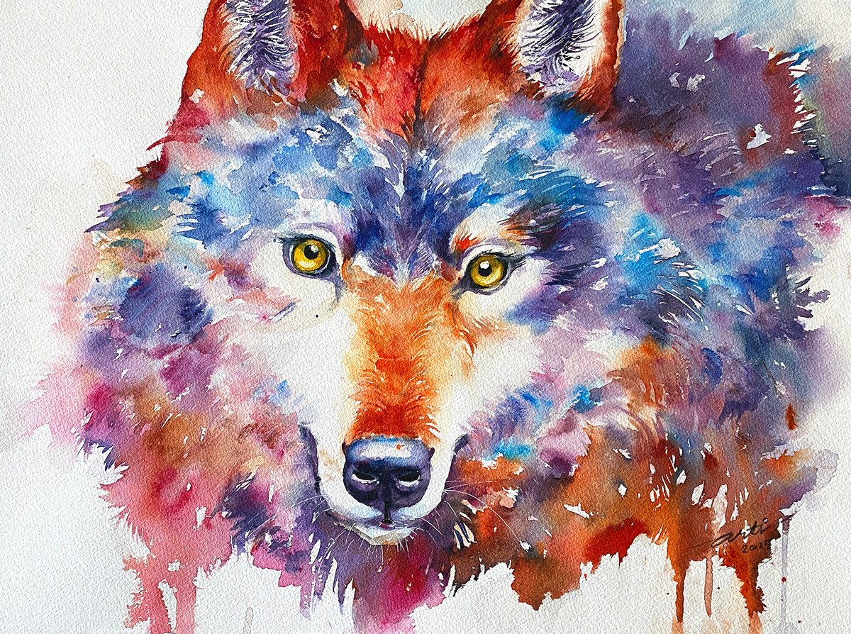 Impressionistic Animal Watercolour By Arti Chauhan, 16 X 12, Wade The Wolf, Original Artwork