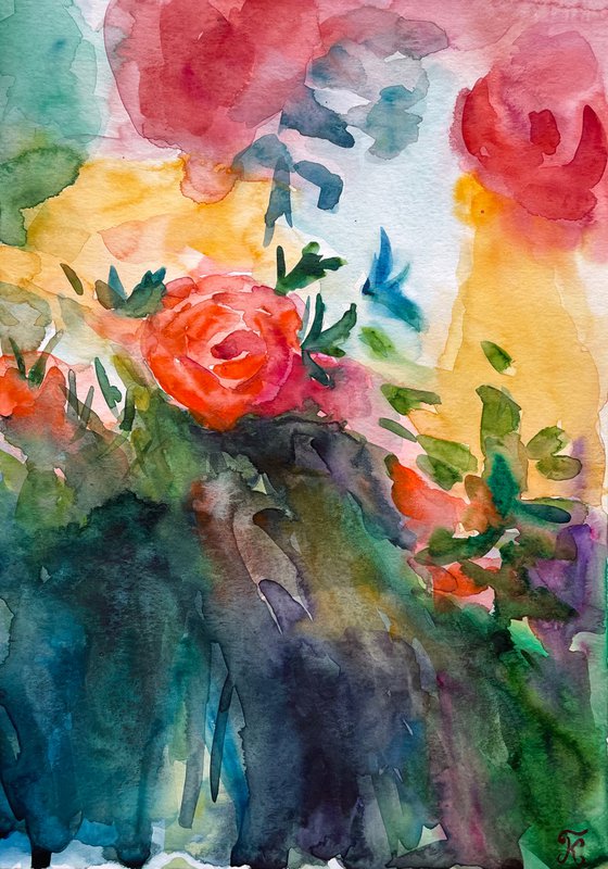 Watercolour abstract flowers, roses original painting