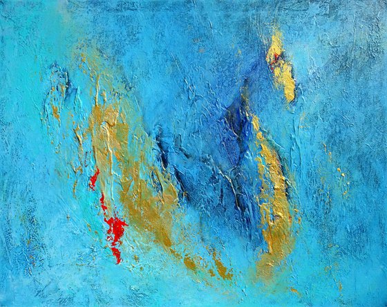 Teal, Blue and Gold Large Abstract Painting. Modern Textured Art