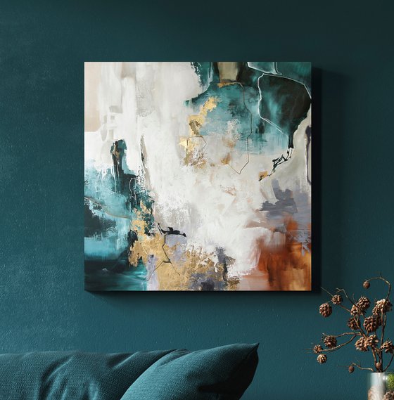 "Teal Flood" Teal gold abstract acrylic art
