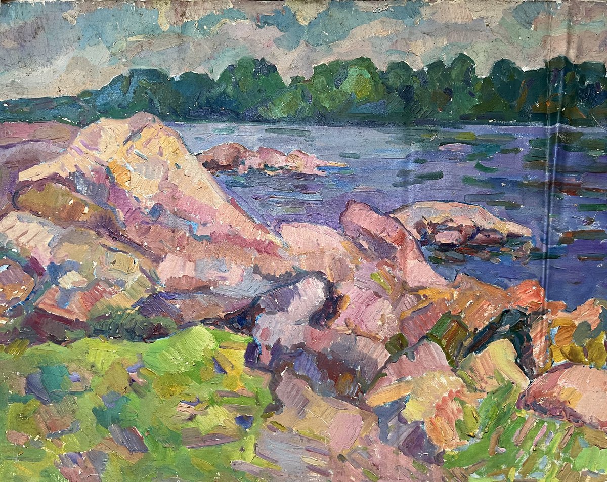 Impressionistic Landscape Oil Painting By Peter Tovpev, 26 X 31", Rocks, Original Artwork
