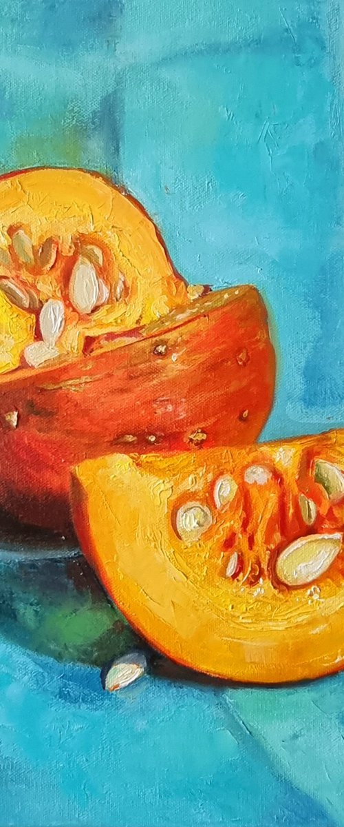 "Solar pumpkin. " still life  liGHt original painting PALETTE KNIFE  GIFT (2022) by Anna Bessonova (Kotelnik)