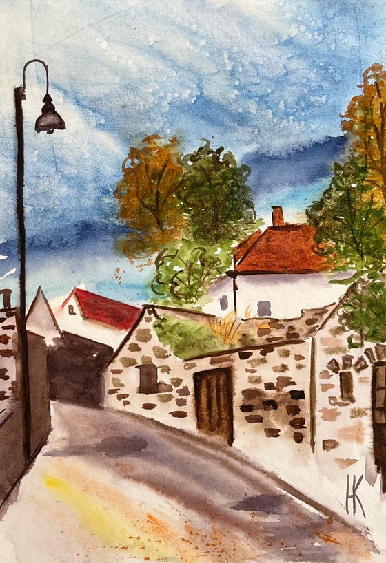 Hungary Painting Landscape Original Art Village Watercolor Houses Artwork Roof Wall Art 8 by 12" by Halyna Kirichenko