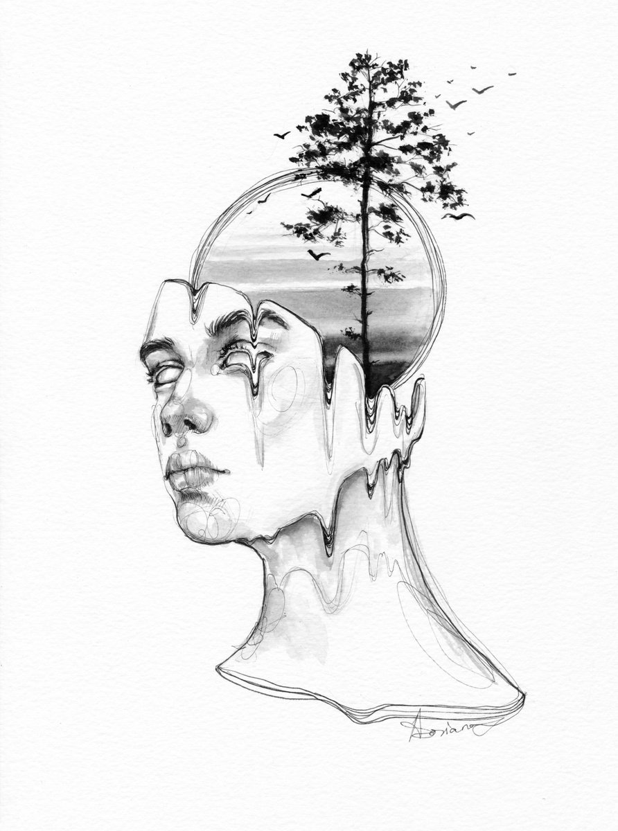 Expressive Portrait Ink Drawing By Doriana Popa, 8 X 11, Sun, Original Artwork