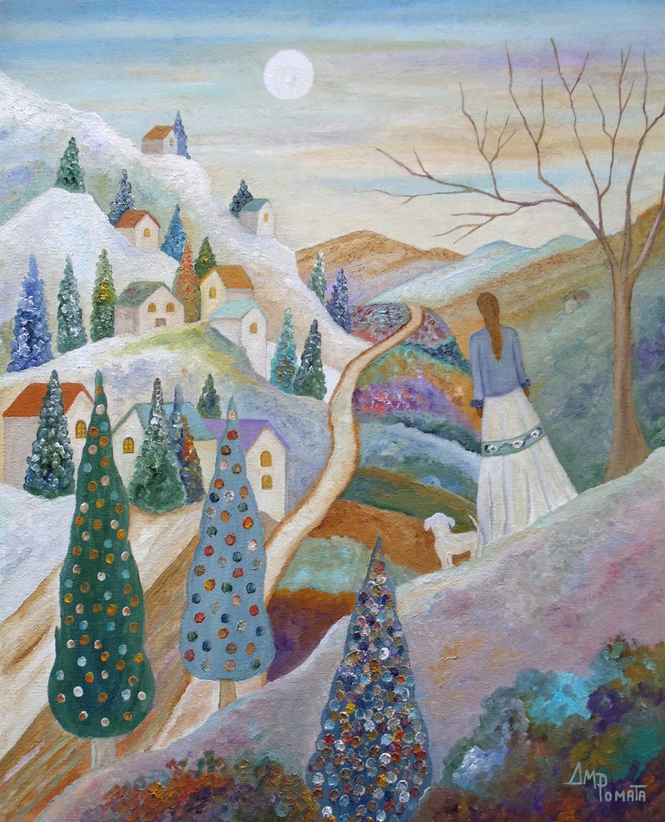 Impressionistic Landscape Oil Painting By Angeles M. Pomata, 13 X 16, Enlighten By The Moon, Original Artwork