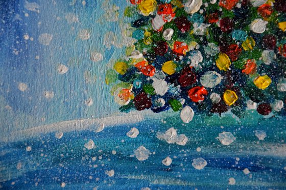 Christmas tree original acrylic painting, New Year pine tree picture, winter snow landscape