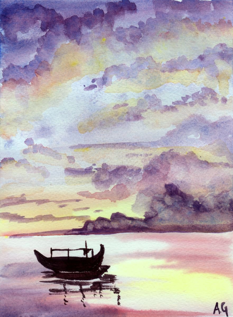 Landscape Watercolour By Aneta Gajos, 7 X 9, Summer Sunset, Original Artwork