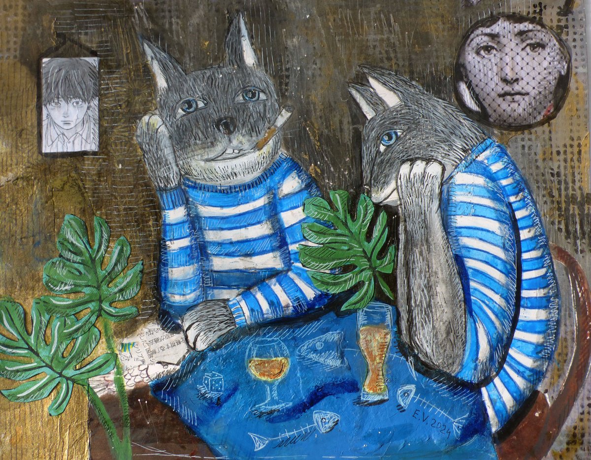 Naive Animal Painting By Elizabeth Vlasova, 14 X 11, Thinking About Great Ideas, Original Artwork