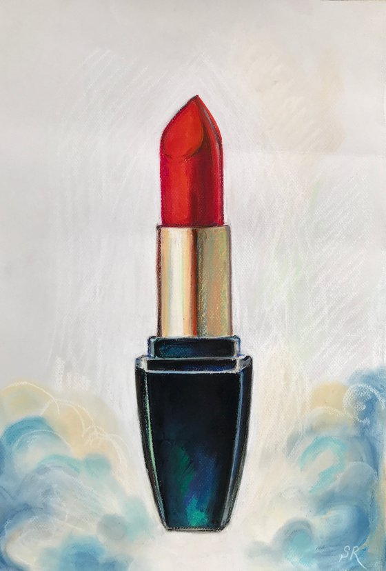 Rocket - Pastel drawing on paper, original gift, red, red lipstick, woman, blue, black, original gift, home decor, pop art, office interior