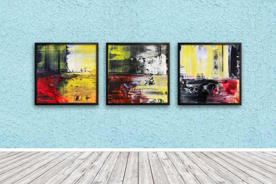 "Contact Tracing" - Save As A Series - Original PMS Large Abstract Triptych Acrylic Paintings On Plexiglass and Wooden Panels, Framed - 78" x 26"