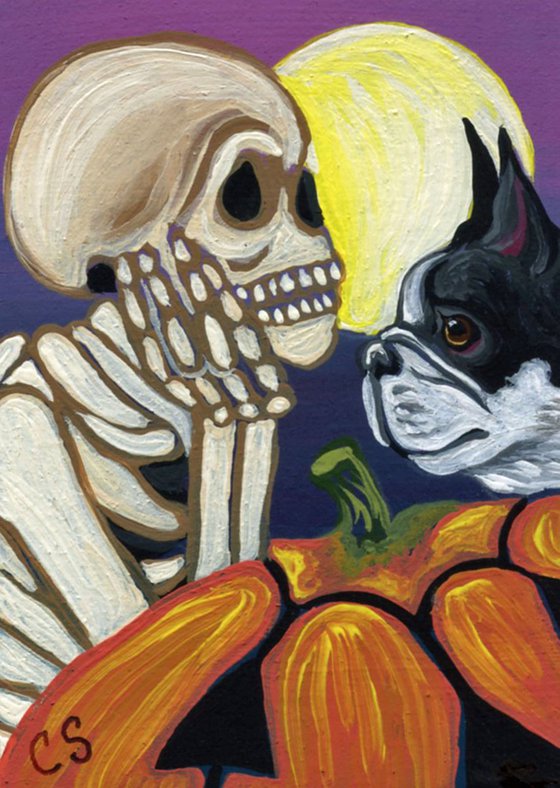 ACEO ATC Original Miniature Painting Halloween Boston Terrier Art-Carla Smale