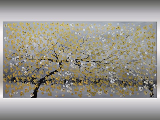 Golden Cherries III - large acrylic abstract painting cherry blossoms nature painting canvas wall art