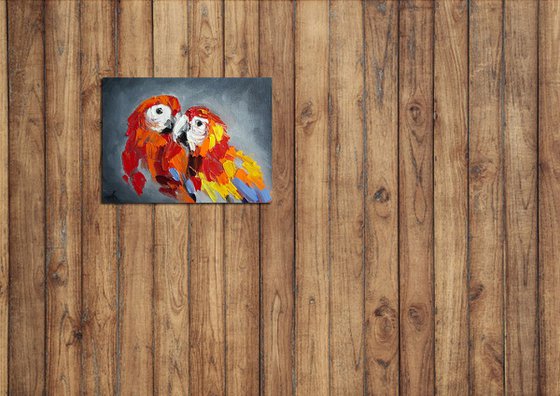 Lovers - bird, parrots, painting on canvas, gift, parrots art, art bird, animals oil painting,  palette knife