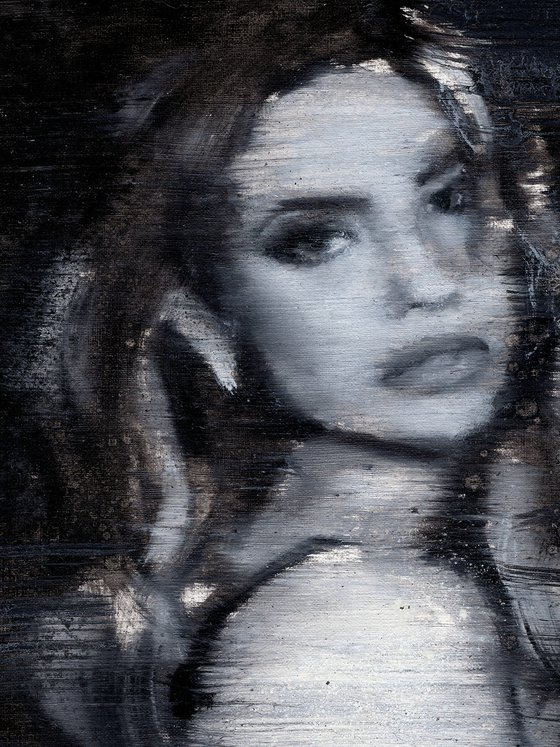 Monica | Black and white beautiful sexy fashion woman in lingerie oil painting on paper  powerful lady
