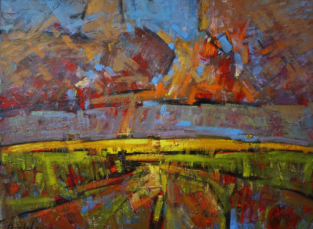 Abstract Landscape Oil Painting By Anastasiia Kraineva (Masniuk), 55 X 39, Harvest, Original Artwork