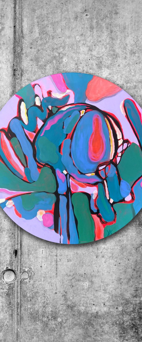 LITTLE LILIE - round canvas colourful painting, circular, water lilies, abstract flowers by Yulia Ani