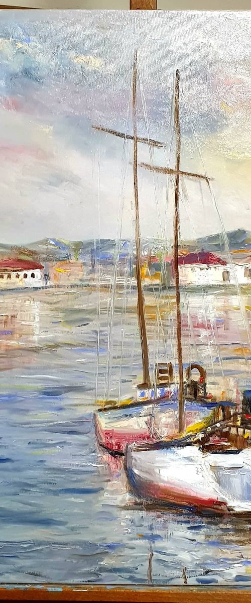 Contemplation. Bay View - Sailing-Ships in Front of a Distant Town by Leo Baxiner