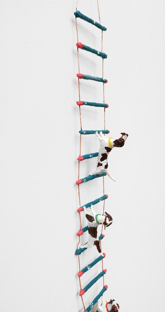 Surrealistic Abstract Sculpture By Shweta Mahajan, 3 X 23", Beagles Climbing Ladder, Original Artwork