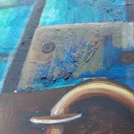 Rusty Padlock. Original Acrylic Painting on Canvas. 2020. Performed in trendy palette knife technique. Highly textured.