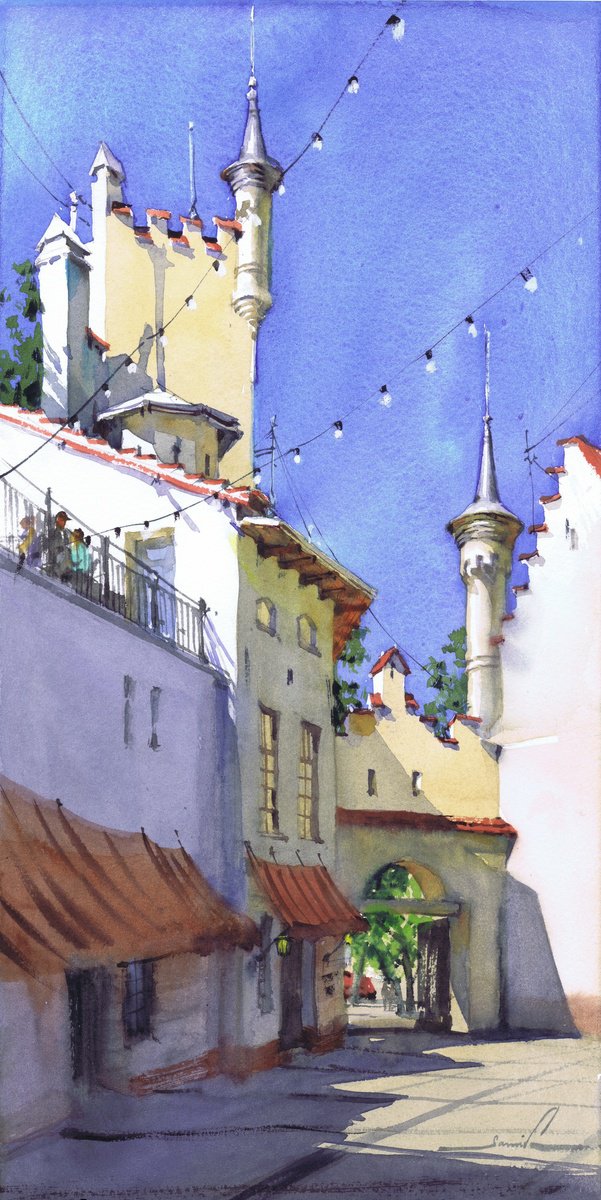 Expressive Cityscapes Watercolour By Samira Yanushkova, 8 X 16", Medieval Memories, Original Artwork