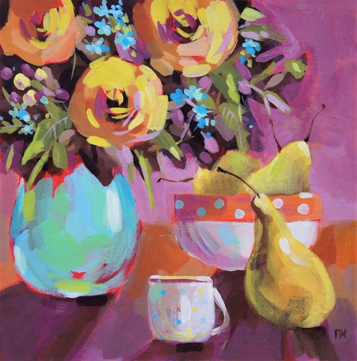Impressionistic Still Life Acrylic Painting By Irina Plaksina, 9 X 9, Morning Visit To Friend, Original Artwork