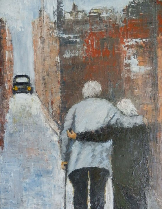 Elderly couple walking