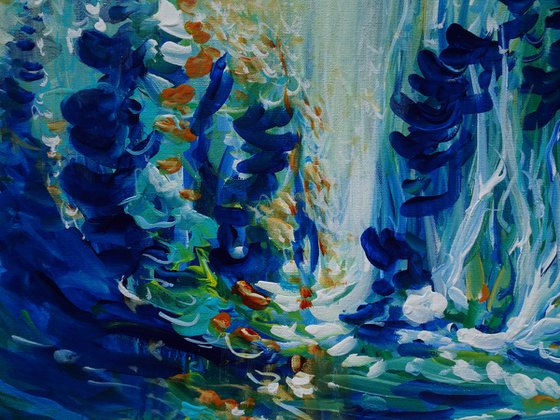 Abstract Landscape Painting "Magic Forest". Floral Abstract Tropical Flowers and Birds. Original Blue Teal Green Painting on Canvas. Modern Impressionism Art