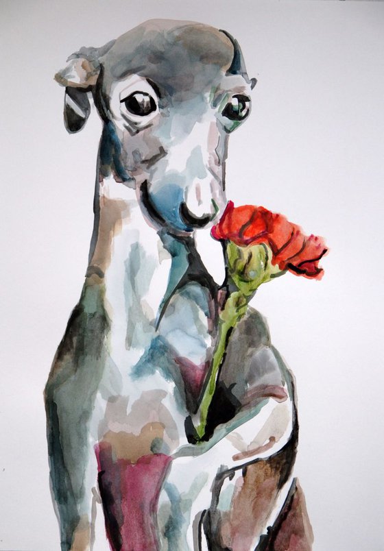 Dog with flower / 42 X 29.7 cm