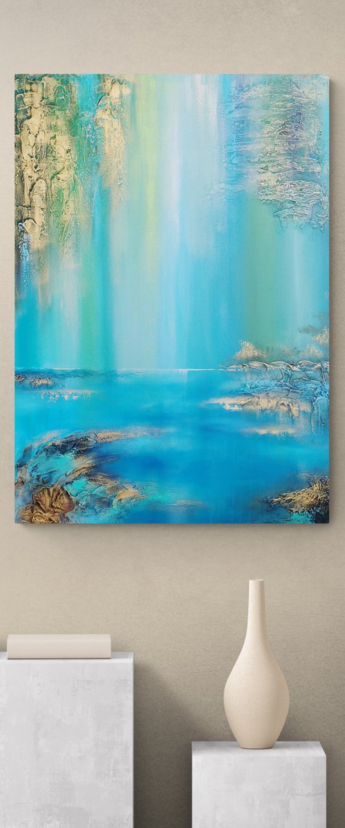 A large abstract beautiful structured mixed media painting of a lake "Under the willow" by Vera Hoi