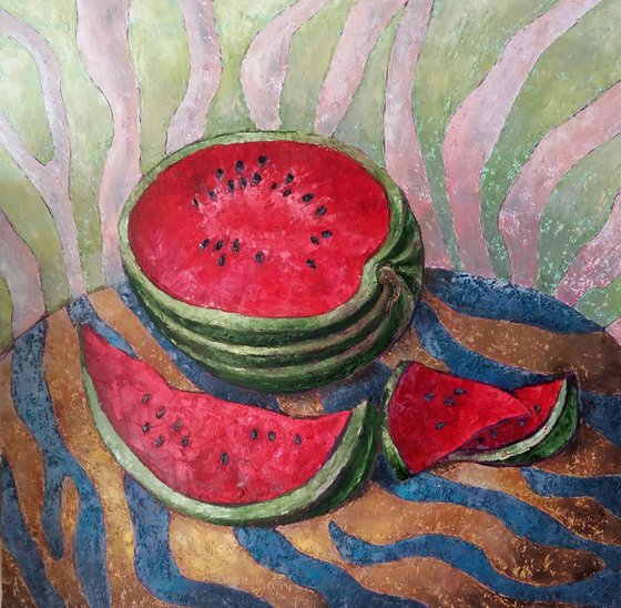Striped still life with watermelon, 80x80 cm, original painting, FREE SHIPPING