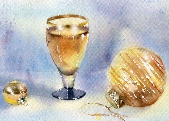 Festive still life with Christmas balls and a shot glass. Original watercolor artwork.