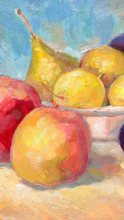 Original artwork peach pear fruit by Roman Sergienko
