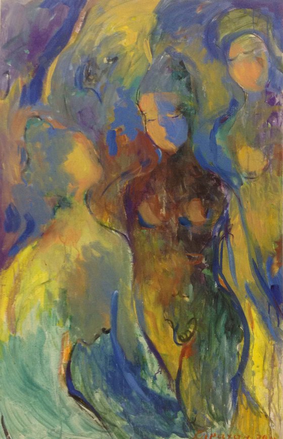 BATHERS IN BLUE - Bathers, nude art, original painting large size, blue yellow colour, love, lovers, body, tree nudes, Christmas gift