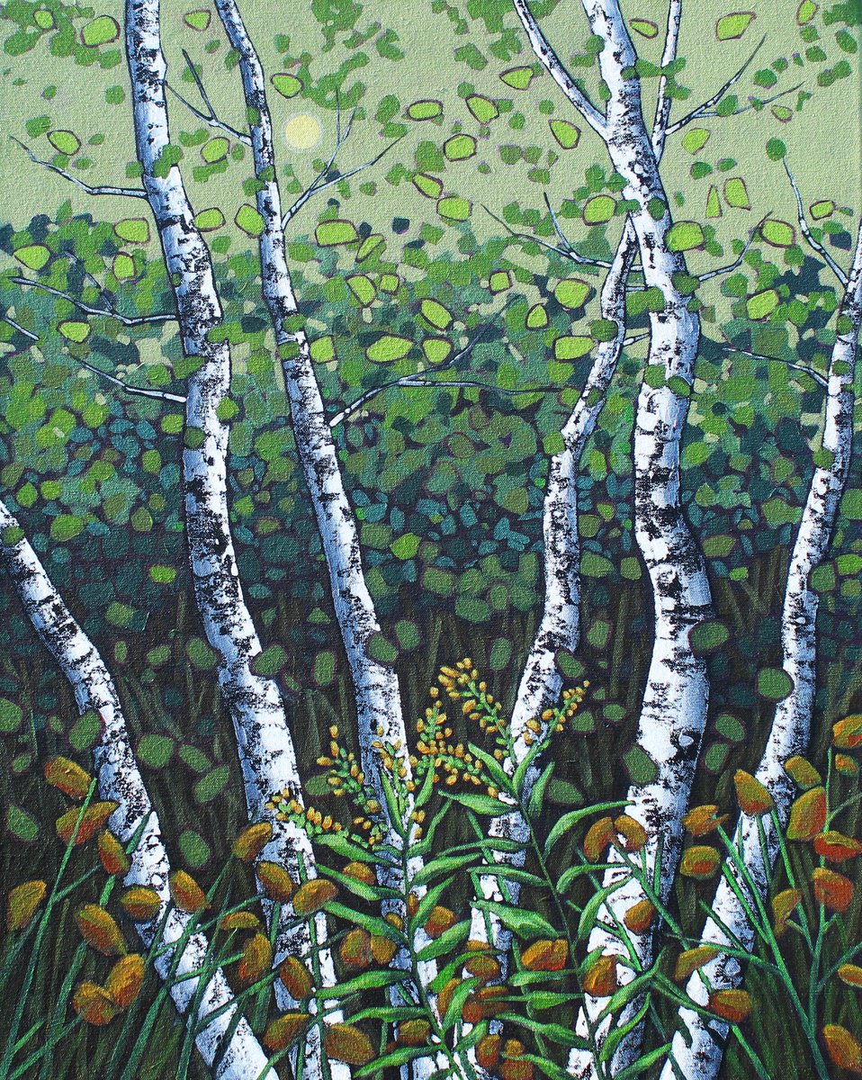 Impressionistic Landscape Acrylic Painting By Sage Mountain Studio, 24 X 30", Birches With Goldenrod, Original Artwork
