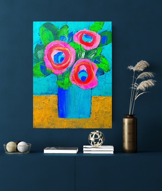 Summer Flowers in a Blue Vase