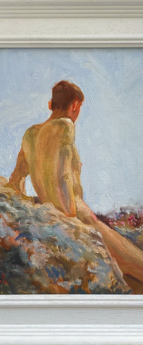 Impressionist style Male nude figure oil painting, with wooden frame. by Jackie Smith