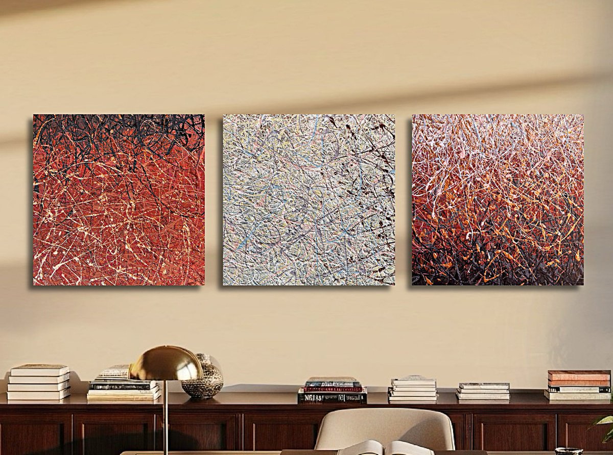 Impressionistic Landscape Acrylic Painting By Nadiia Antoniuk, 47 X 16", Imagination - Triptych (Str), Original Artwork