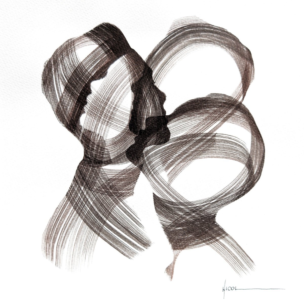 Surrealistic Portrait Ink Drawing By Nicol Vacaru, 10 X 11", Silent Dialogue, Original Artwork