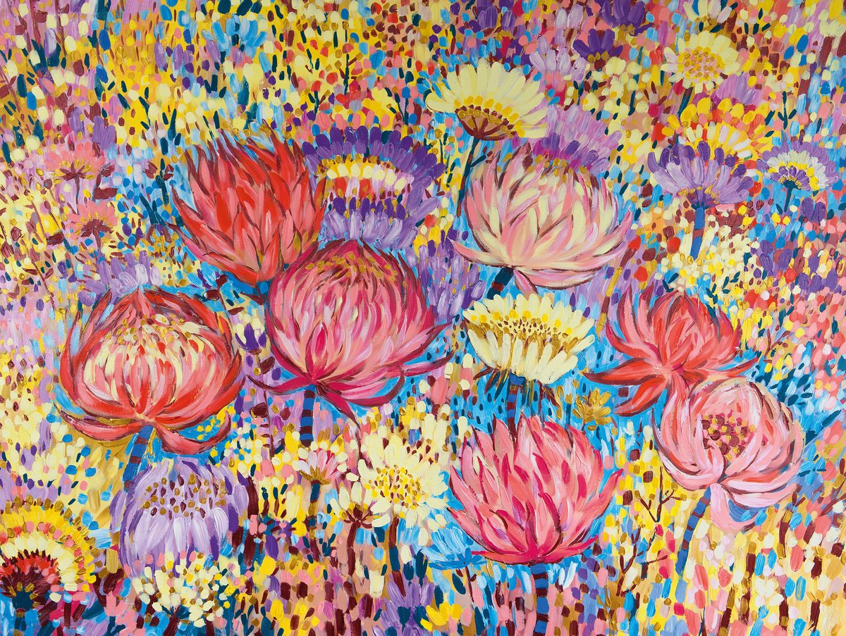 Impressionistic Animal Acrylic Painting By Irina Redine, 48 X 36, Floral Serenade, Original Artwork