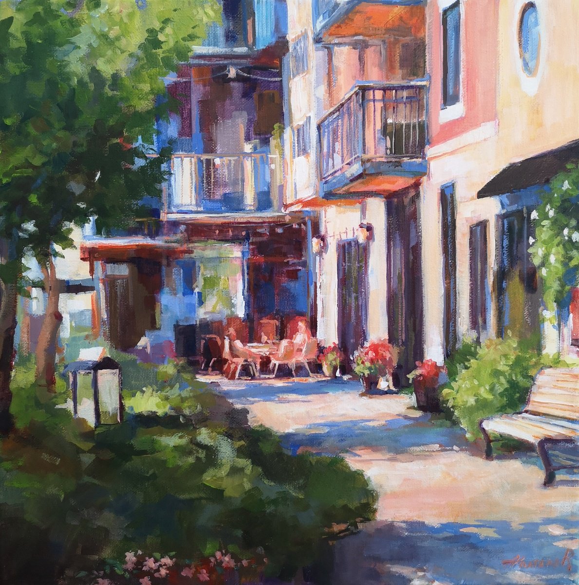 Impressionistic Cityscapes Acrylic Painting By Alexander Koltakov, 14 X 14, Secluded Corner, Original Artwork
