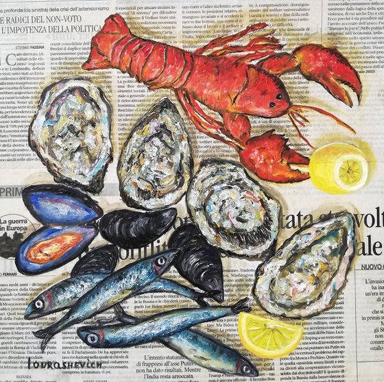 "Seafood on Newspaper" Original Oil on Canvas Board 12 by 12 inches (30x30 cm)