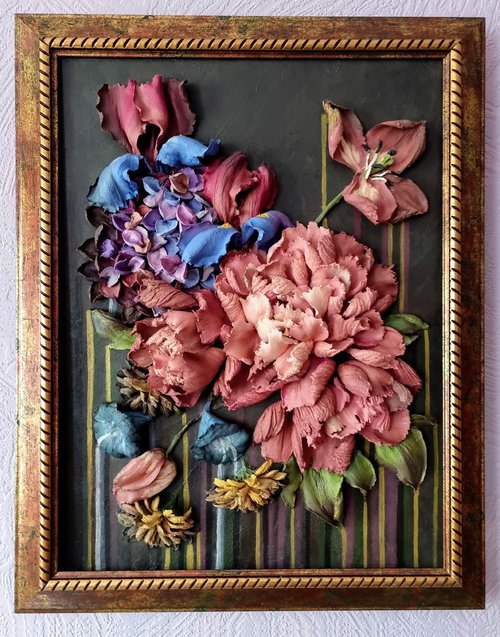 The Puppet Theater - beautiful bouquet of burgundy, maroon and blue flowers tulips, peonies, irises, hydrangea, other flowers, colored lines. by Irina Stepanova