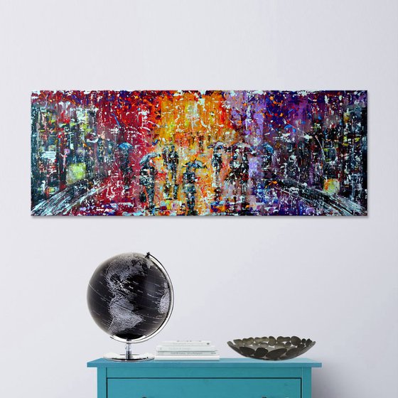 Rainy City - Ready to Hang, Palette knife Modern City Urban art